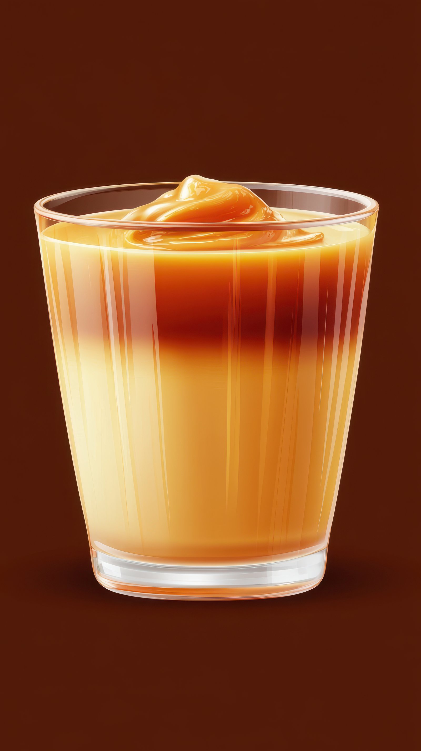 A glass of caramel pudding with a layer of creamy custard on a brown background